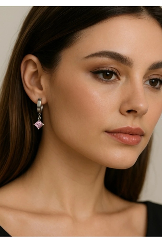 Pink Color Prism Crystal Steel Earrings