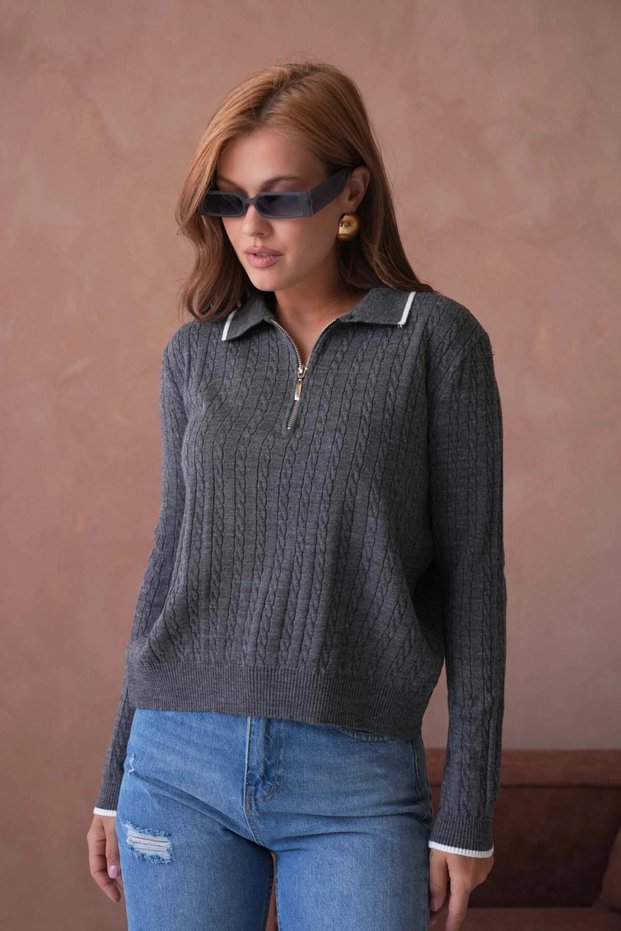 Women's Polo Neck Zipper Detail Knitwear Sweater