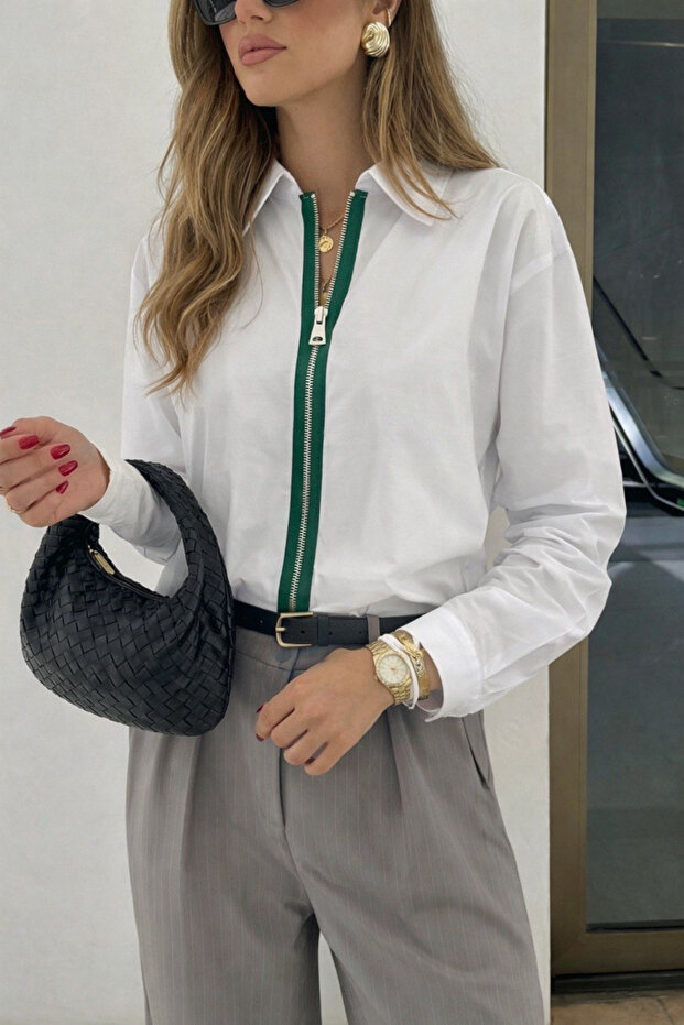 Women's Front Zippered Oversized Poplin Shirt