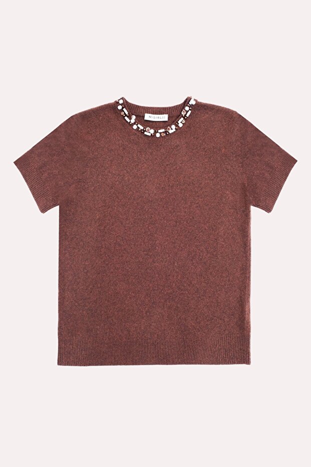 Brown Stone and Bead Embellished Women's Sweater