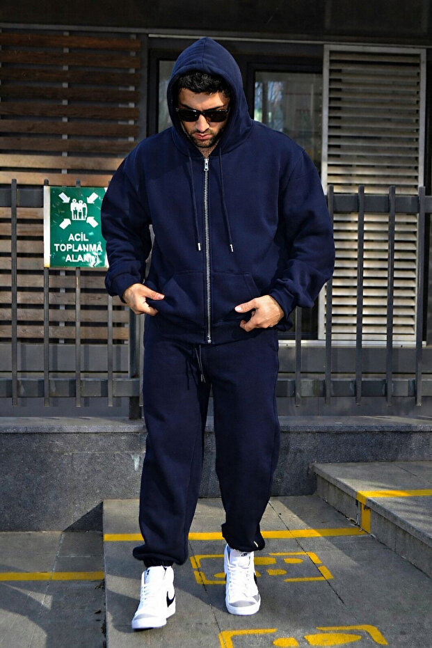 Men's 3 Thread Thick Winter Basic Plain Cardigan Set - 2