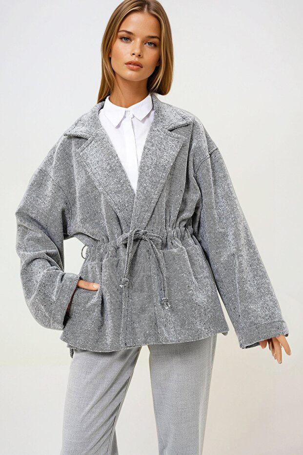 Gray Jacket with Collar and Drawstring Waist, Unlined Cashmere Coat Prm1326