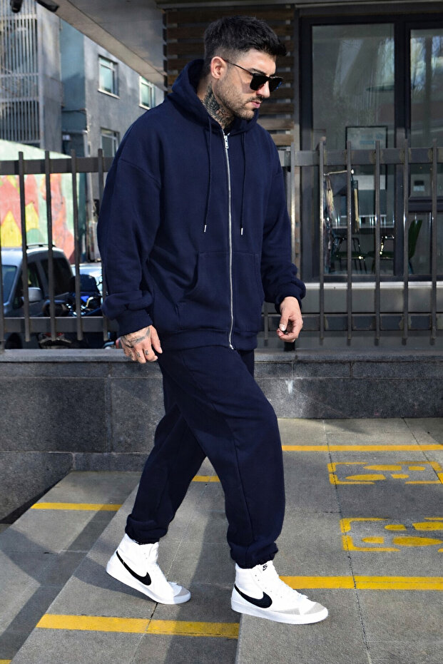 Men's 3 Thread Thick Winter Basic Plain Cardigan Set - 3