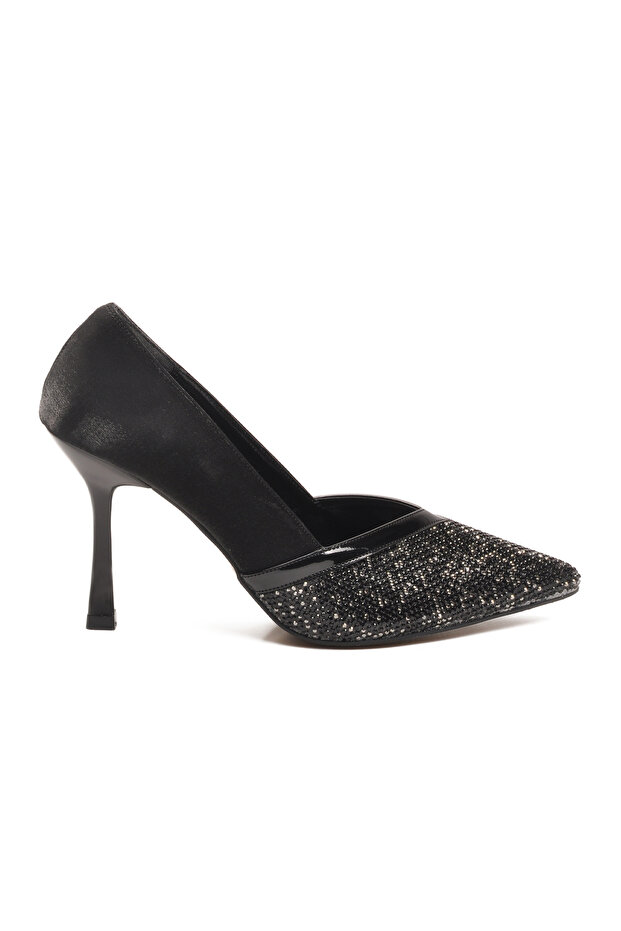 Black Satin Thin Heeled Lightweight Women's Heeled Shoes 357192 Z