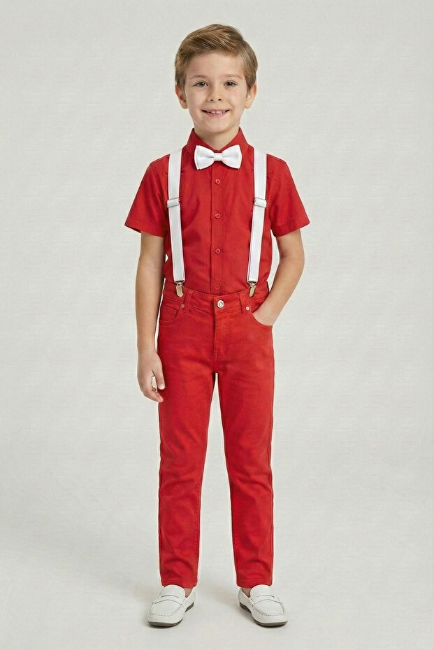 Boy's Red Short Sleeve Shirt Red Pants White Suspender Bow Tie Set April 23 October 29