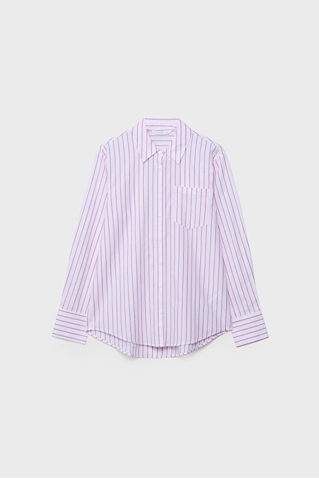 Basic çizgili poplin cepli gömlek - 6