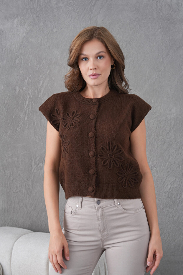 Women's Crew Neck Button Detail Knitted Patterned Knitwear Jacket 8602Sw