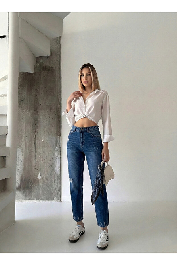 High Waist Laser Ripped Mom Jeans
