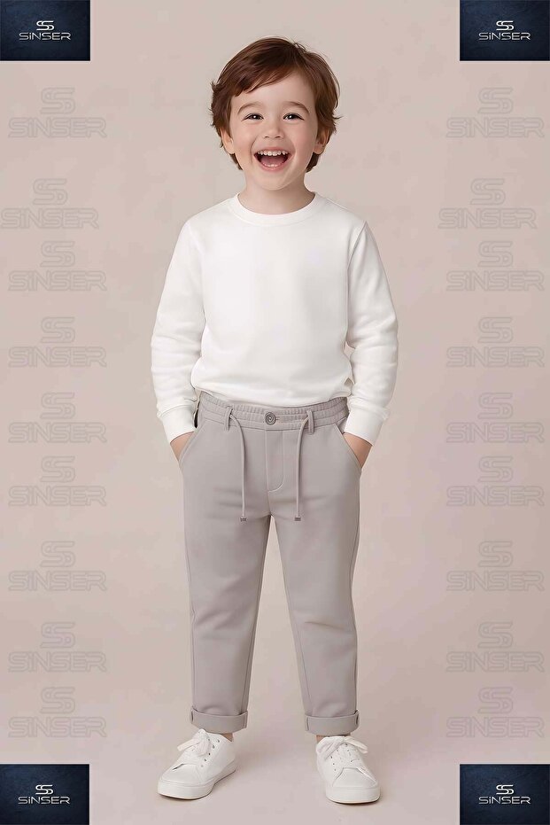 Boy's Style Trousers with Elastic Waist and Stretch Fabric Folded Legs