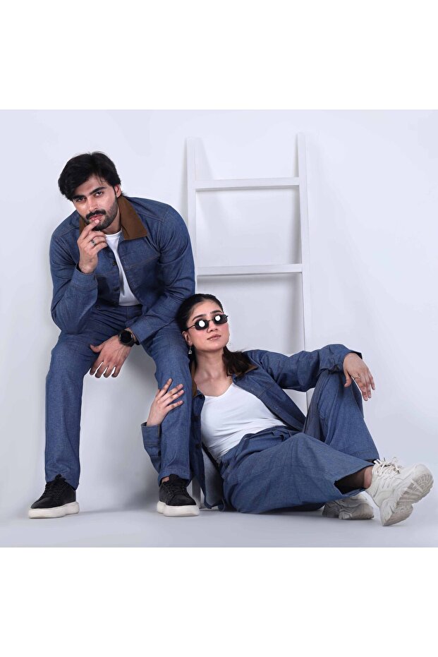 Unisex Dark Blue Co-Ord Set with Contrast Collar