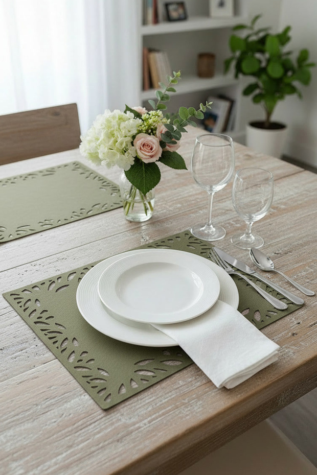 Deluxe Series Suede Faux Leather 6-Piece Placemat Set - 32X44Cm - Khaki Green