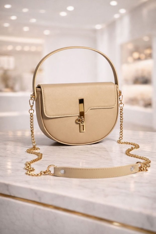 Women's Beige Hand and Shoulder Bag, Stylish Crossbody Bag with Gold Lock Detail