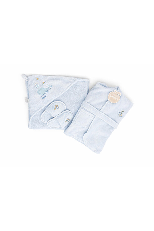 Baby Boy Bath Set Cotton – Hooded Towel, Bathrobe and Slippers – Light Blue
