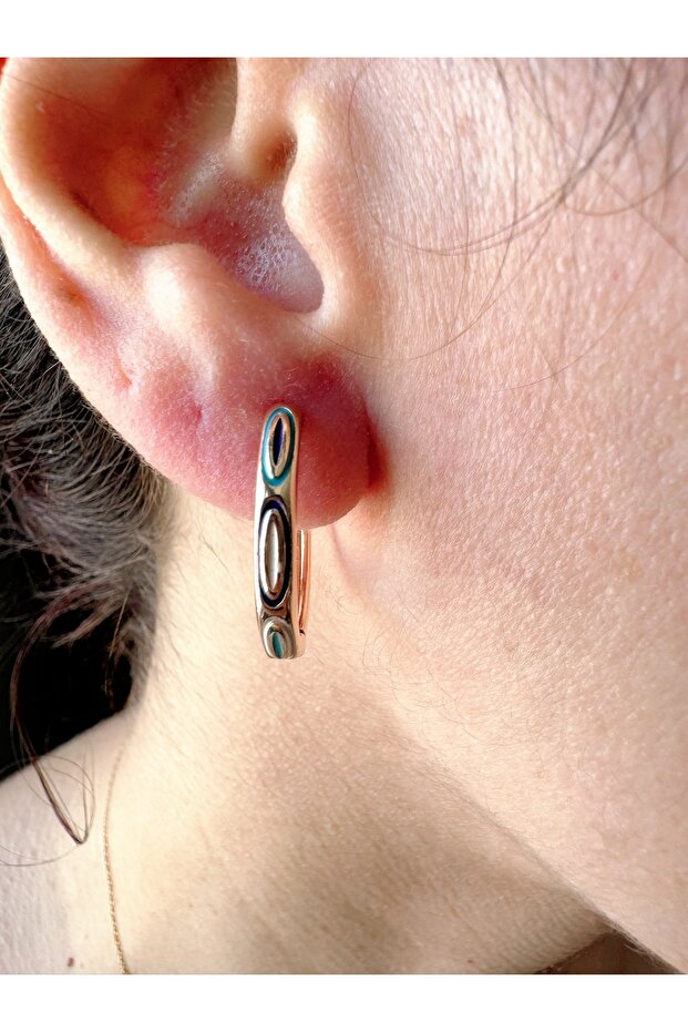 Minimalist Blue Detailed Steel Hoop Earrings - Water-Resistant Luxury Series Silver Appearance
