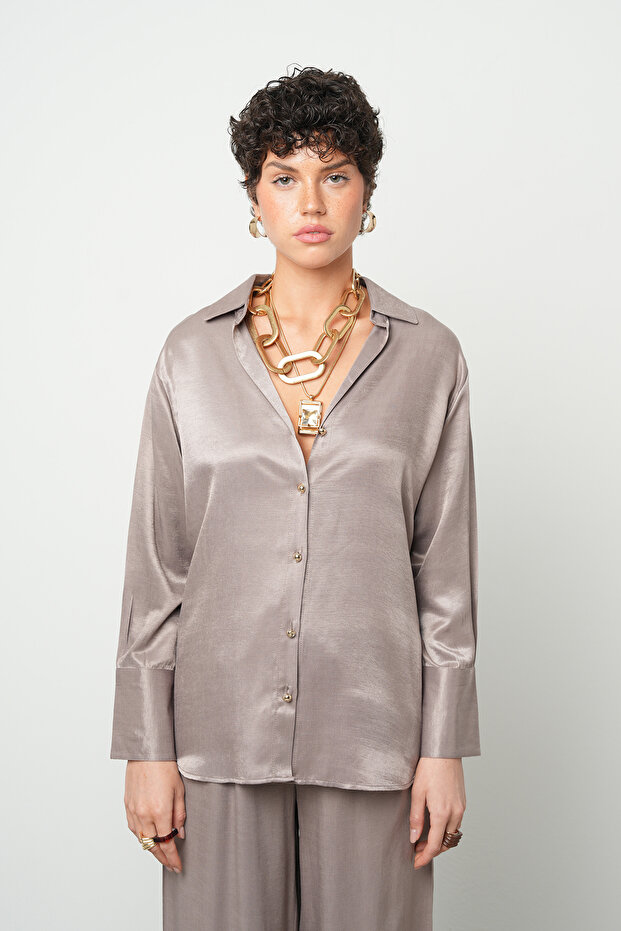 Women's V-Neck Plain Mink Color Satin Look Shirt
