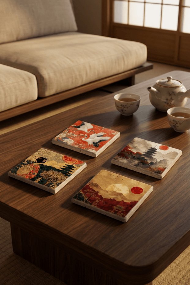 Japan Aesthetic Themed Japanese Culture Natural Stone Travertine Coasters Set of 4