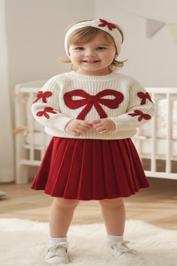Baby Girl Bowknot Thessaloniki Sweater, Pleated Skirt and Headband 3-Piece Knitwear Set