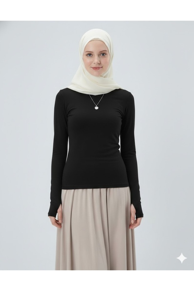 Black Crew Neck Slim Fit Soft Touch Fingerless Undershirt Boy Hijab Body Hzlrbnpar52Tbody
