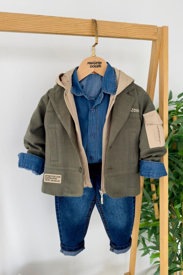 Miniğimin Cicileri Arizona Embroidered Jacket K Hooded Y Vest Set 4-Piece Boy's Set - Green