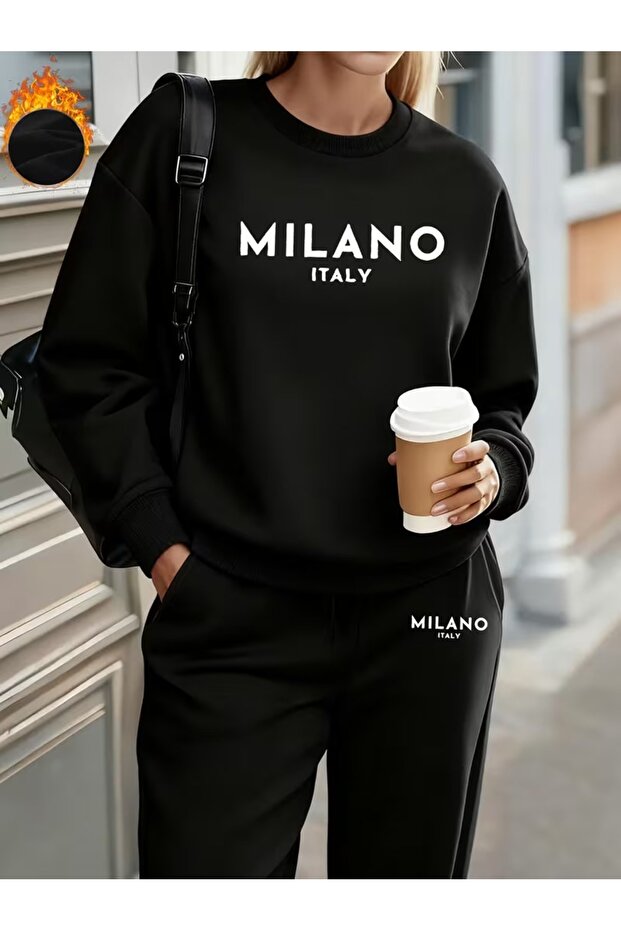 Women's Crew Neck Milano Printed Bottom Top Gray/Black Tracksuit Set Oversized