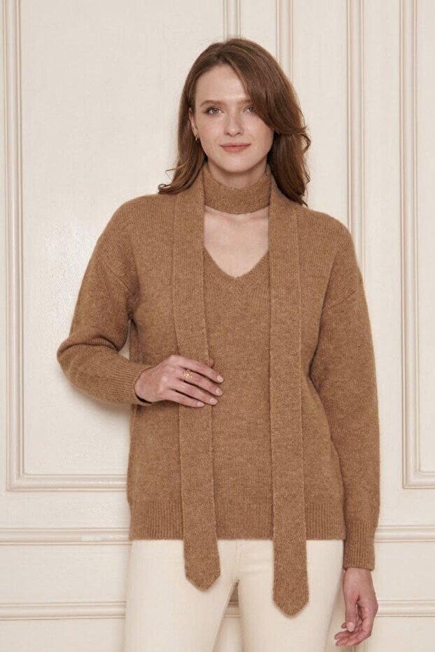 Women's Soft Textured V-Neck Oversized Wool Knitwear Sweater Scarf Set 7141 Camel