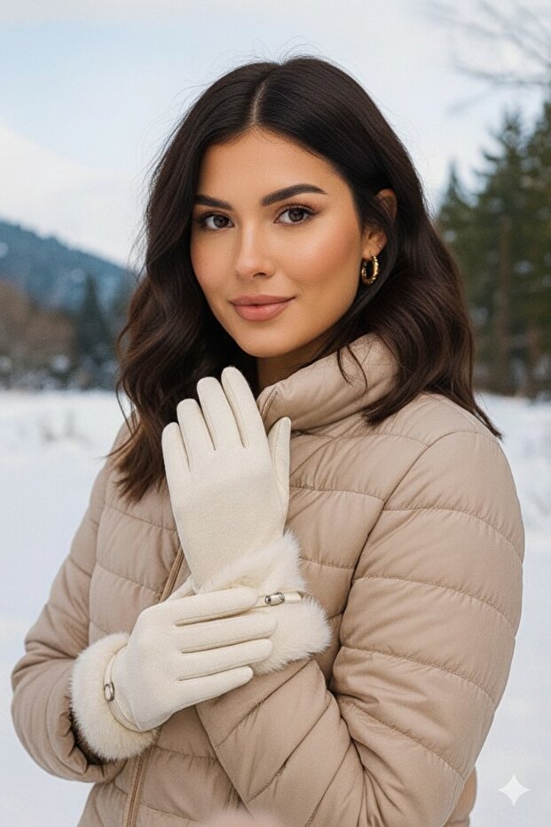 Fur-Detail Belted Soft Stylish Plush Gloves