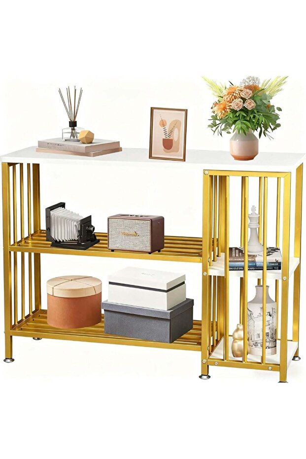 Luxury Modern Console Table in Gold Finish with White Top, Multi-Shelf Storage Rack, Space-Saving De