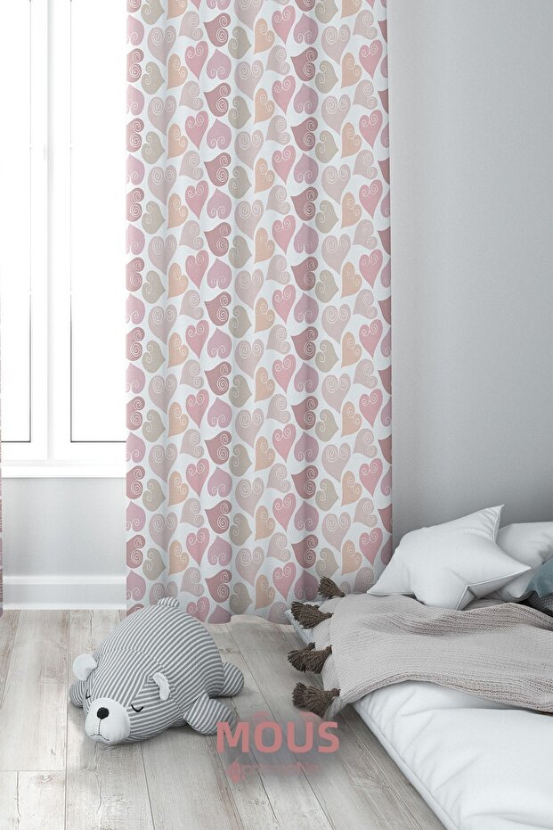Colorful Hearts Patterned Background Curtain for Children's and Baby's Room Suede Digital Printed Extralarge Fabric Drawstring Single Wing
