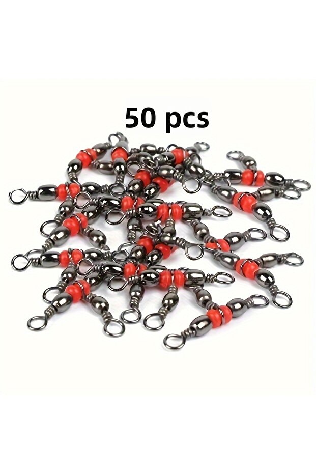 black 50pcs Fishing Connector Three Way Barrel Swivel Snap Ring With Beads For Fishhook Lure Line Fi
