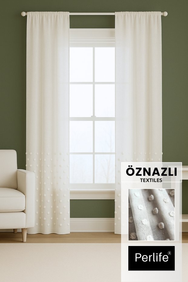 Pompom Linen Tulle Curtain – Tight Pleat | Full Size Measure Your Note to the Seller!
