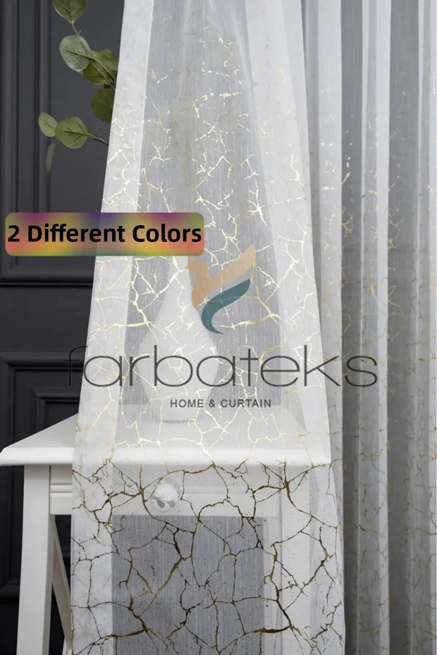 Gold Gold Marble Glazed Glitter Pattern Design 2 Layer Pleated Tulle Curtain