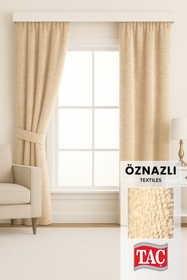 Light Beige Chenille Textured Background Curtain | Extra-Elastic Gathered Model Without Pads – Arm Tie Included - Modern