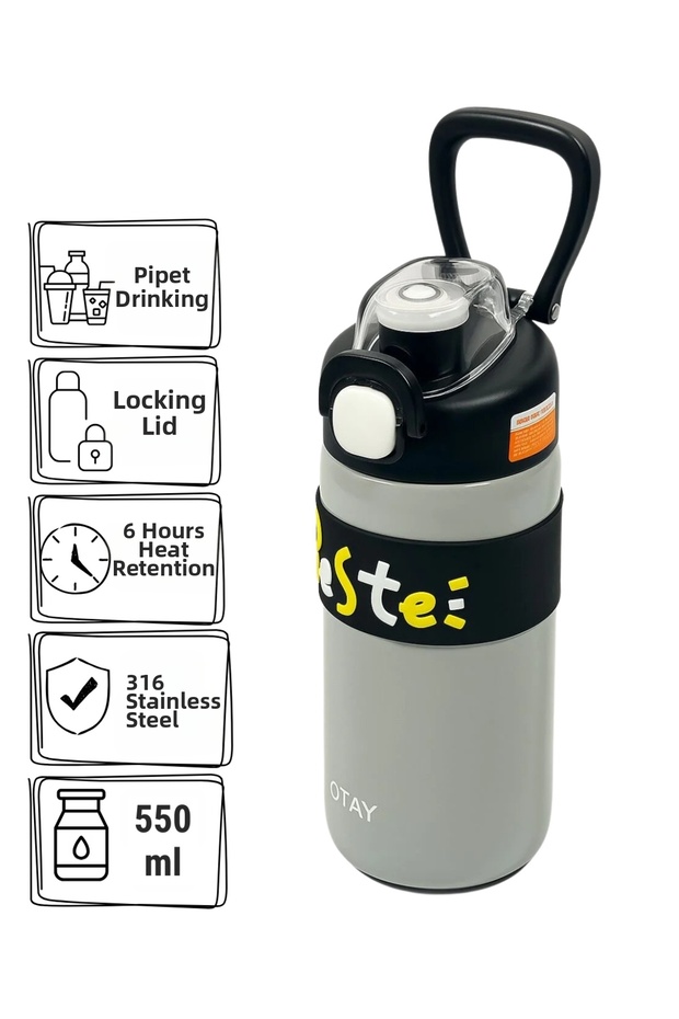 550 ml 316 Stainless Steel Thermos Flask Gray – Lockable Lid with Straw Shotay Beste