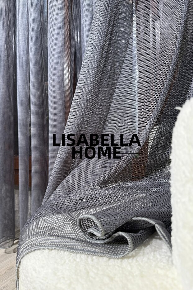 Elegance Sparkle Anthracite Tulle Curtain with Honeycomb Floor (1/3 Dense Pleated)