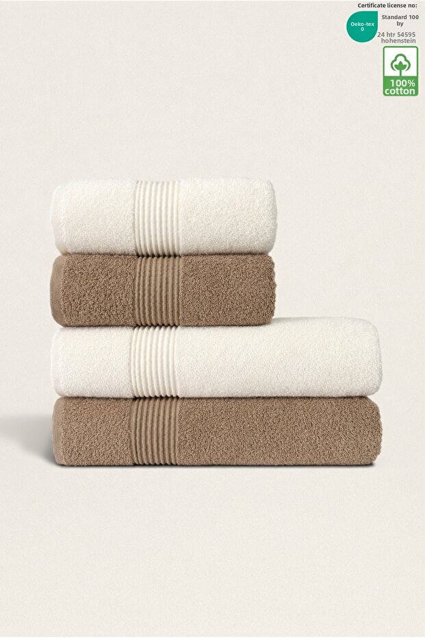 4-Piece Bath Towel Set 100% Cotton Certified Body - Head | Dowry Box 50X90 - 70X140 Cream Brown