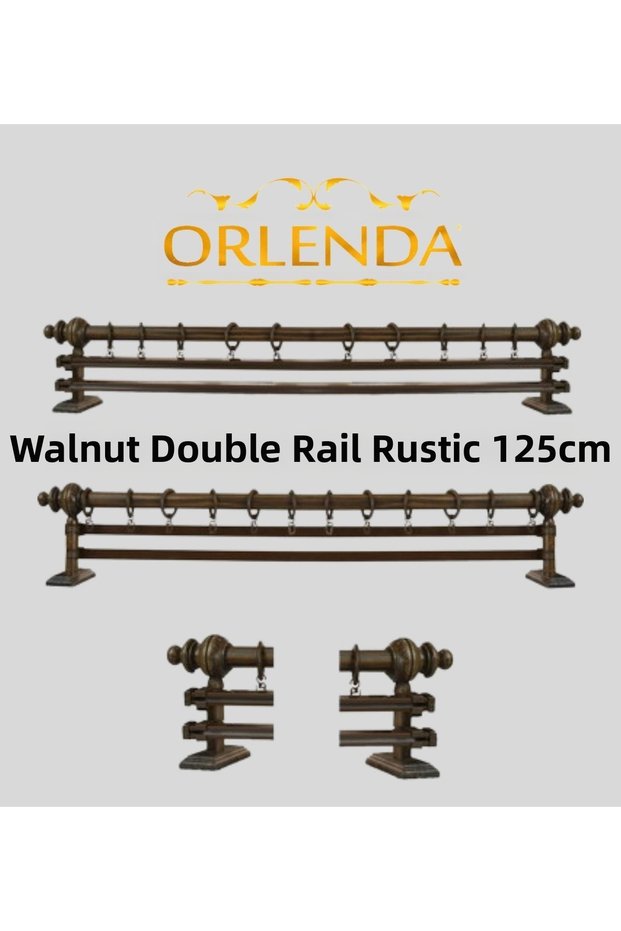 Walnut Wooden Headed Aluminum Pipe Rustic Curtain Hanger Double Rail 125 Cm