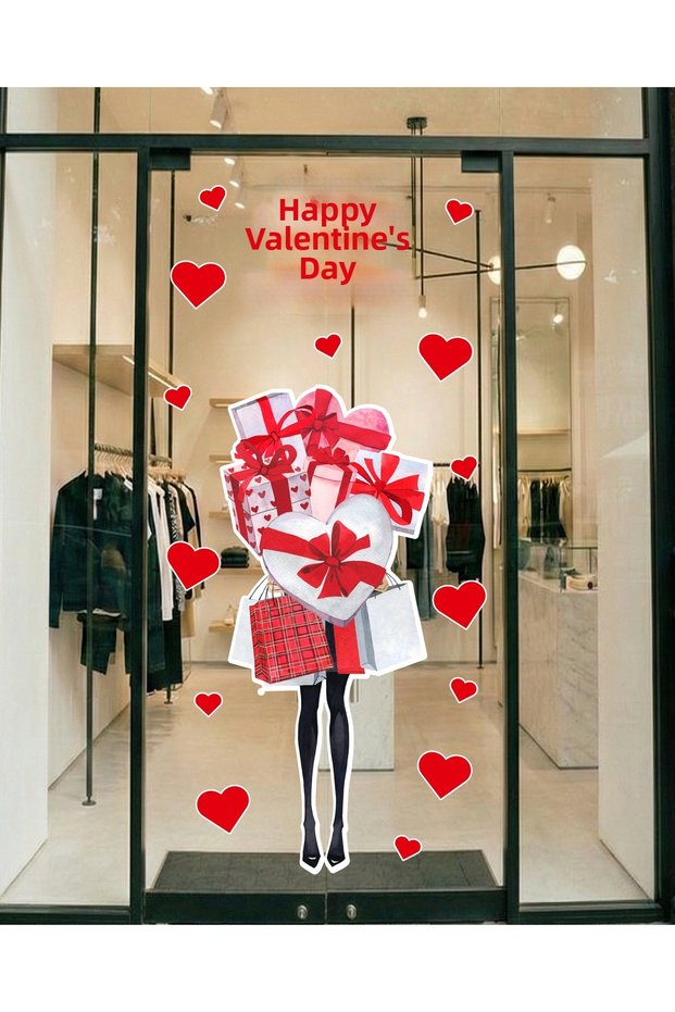 Romantic February 14Th Sticker with Gift and Heart Design - Valentine's Day Glass Door Showcase Shop Decoration