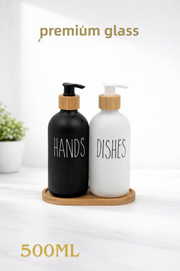 2-Piece Glass Soap Dispenser Set - 500ml Hands & Dishes Liquid Soap Dispenser Set with Wooden Stand