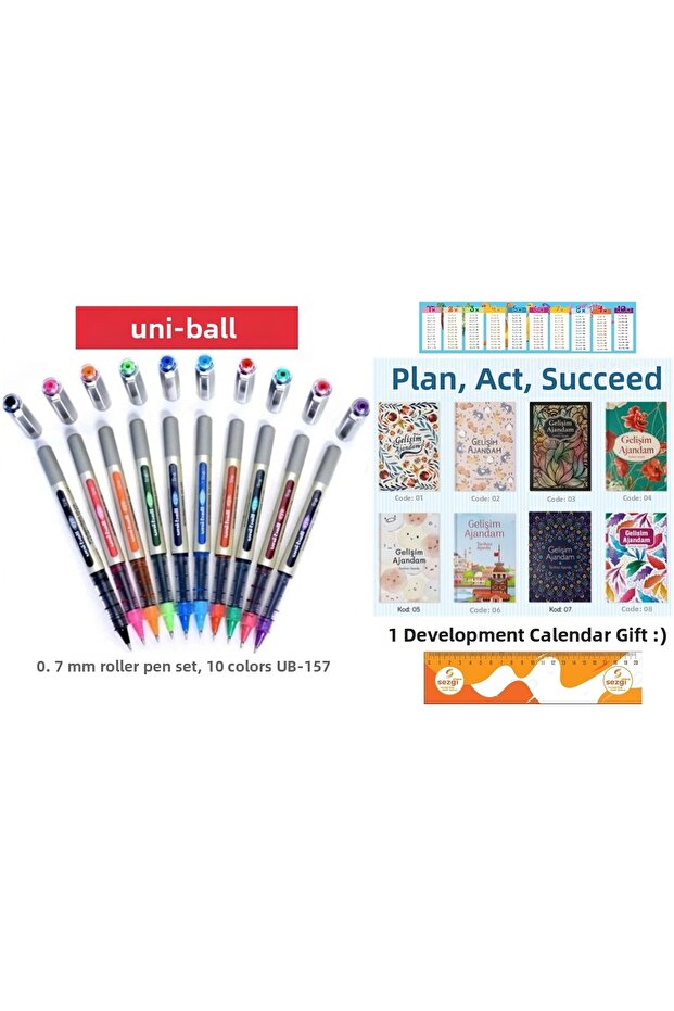 Uniball Eye Fine 0.7 mm Roller Pen Set 10 Pieces Ub-157 and 1 Piece from 8 Types Gift Agenda
