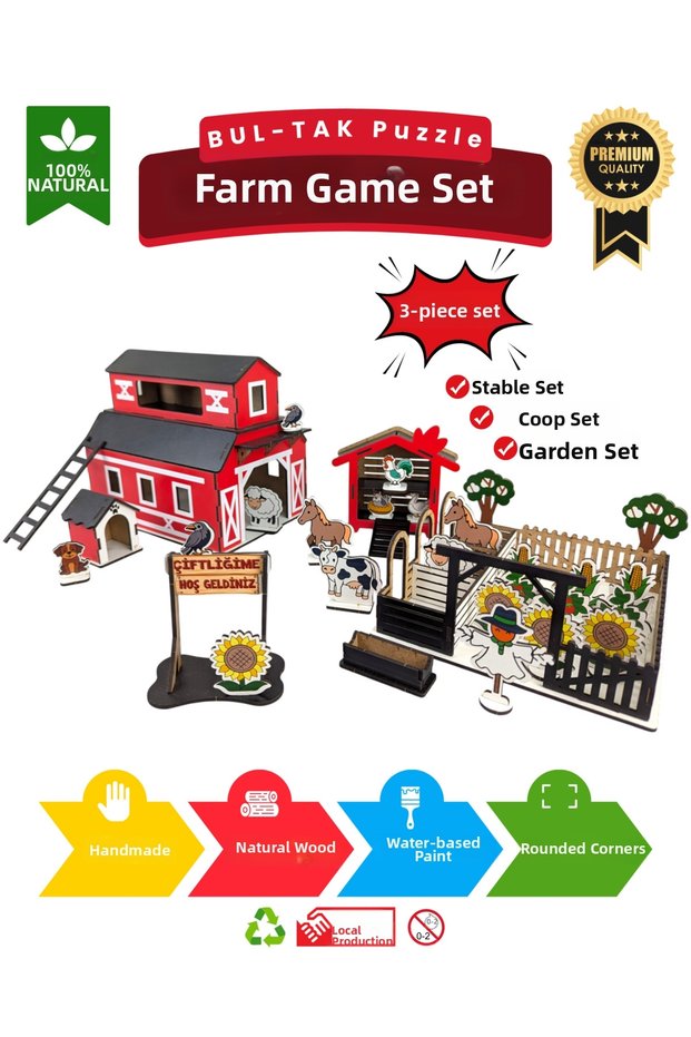 Farm Play Set – Natural Wooden Puzzle DIY Educational and Fun Toy with Animal Figures
