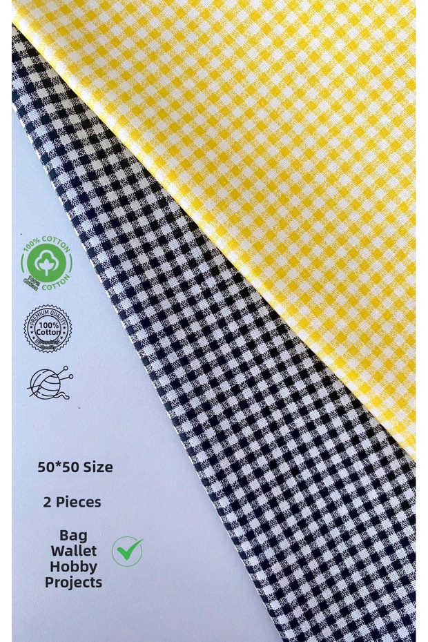 2 Pieces of 50 cm Yellow and Black Gingham Patterned Cotton Fabric for Bags, Wallets, Hobby Work