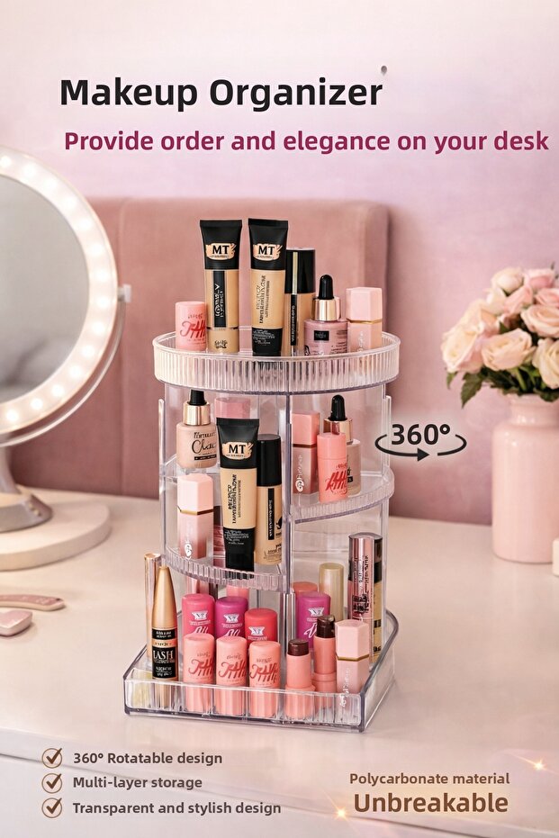 360 Degree Rotating Acrylic Makeup and Jewelry Organizer – 24 Compartment Cosmetic Box – Transparent and Shatterproof