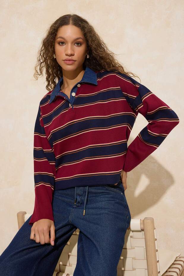 Çok Renkli Çizgili Denim Garnili Polo Yaka Triko Kazak TWOAW26KZ00283 - 2