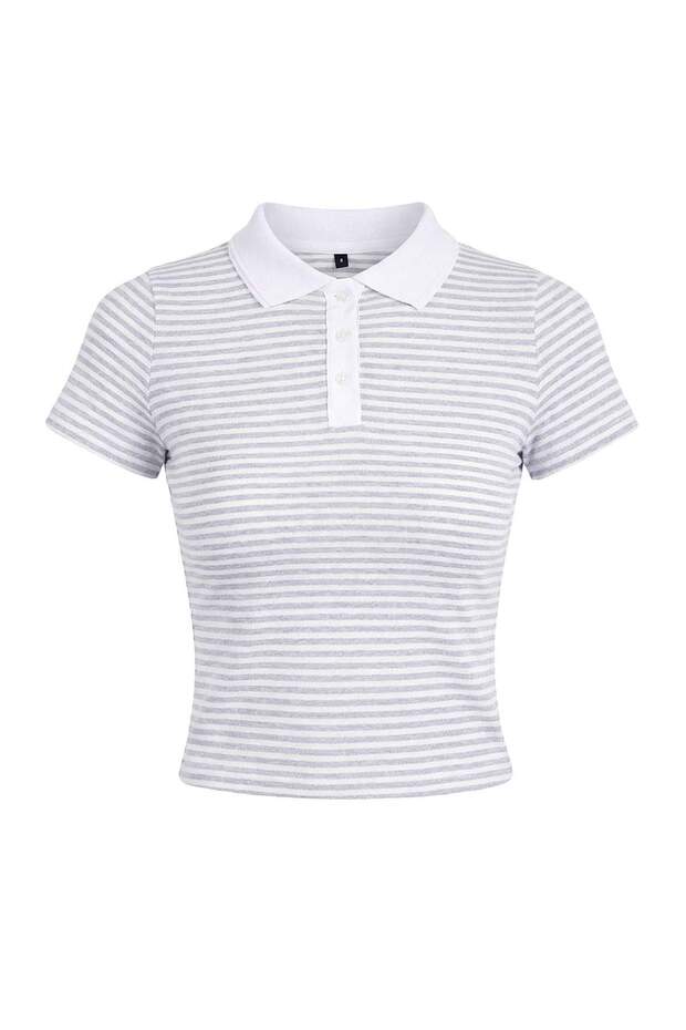 Açık Gri Çizgili Fitted/Vücuda Oturan Polo Yaka Kısa Kollu %100 Pamuk Örme Bluz TWOSS26BZ00094 - 6
