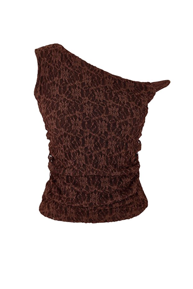 Kahverengi Fitted/Vücuda Oturan Asimetrik Yaka Düşük Kol Kolsuz Dantel Örme Bluz TWOSS26BZ00077 - 5