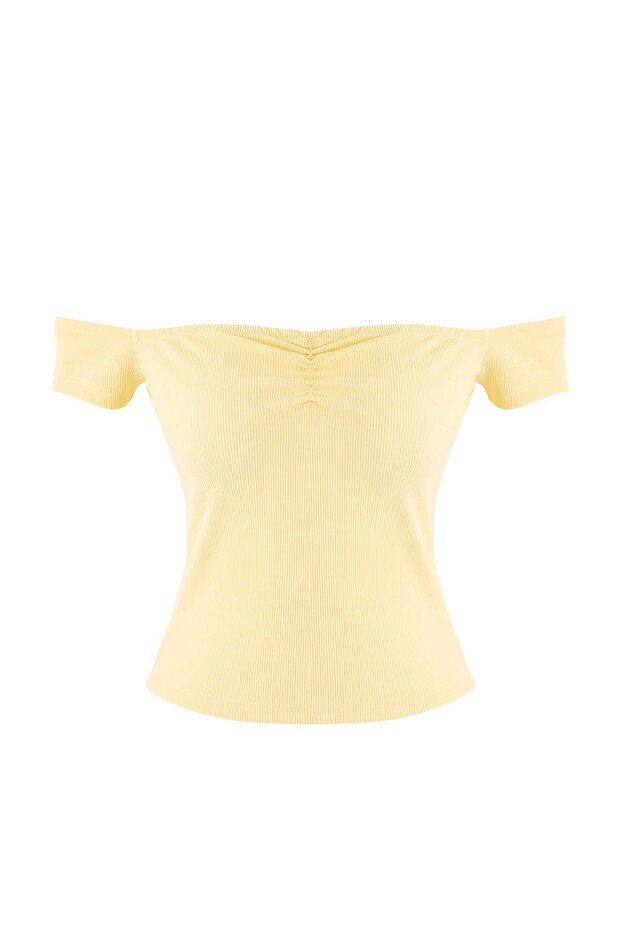 Sarı Fitted/Vücuda Oturan Carmen Yaka Kısa Kollu Büzgülü Fitilli Esnek Örme Bluz TWOSS26BZ00074 - 5