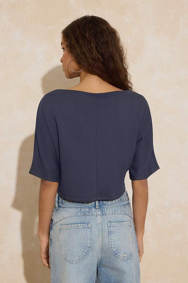 Antrasit Relaxed Kayık Yaka Yarasa Kol Truvakar Crop Soft Touch Örme Bluz TWOSS26BZ00059 - 4