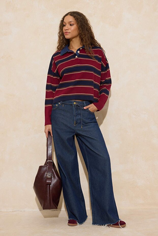 Çok Renkli Çizgili Denim Garnili Polo Yaka Triko Kazak TWOAW26KZ00283 - 1