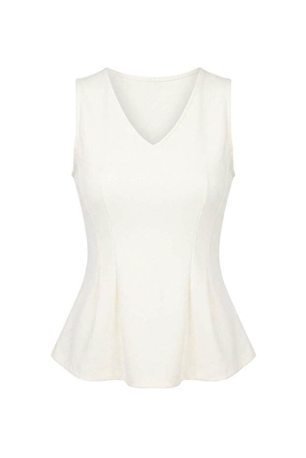 Ekru Düz Peplum V Yaka Kolsuz İnterlok Örme Bluz TWOSS26BZ00044 - 5