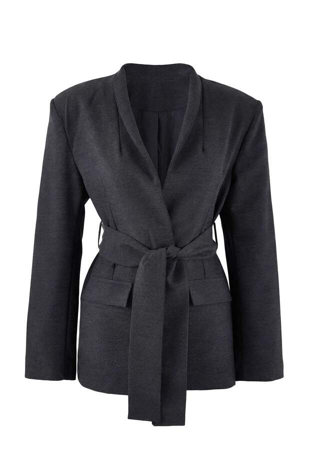 Trendyolmilla Wardrobe Essentials – Antrasit Kuşaklı Kruvaze Blazer Kumaş Ceket TWOSS26BC00004 - 5